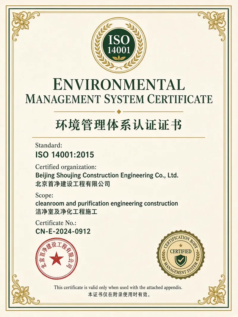 北京首净建设工程有限公司ISO 14001环境管理体系认证证书
