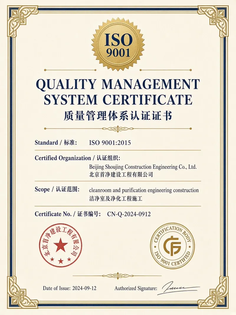 北京首净建设工程有限公司ISO 9001质量管理体系认证证书