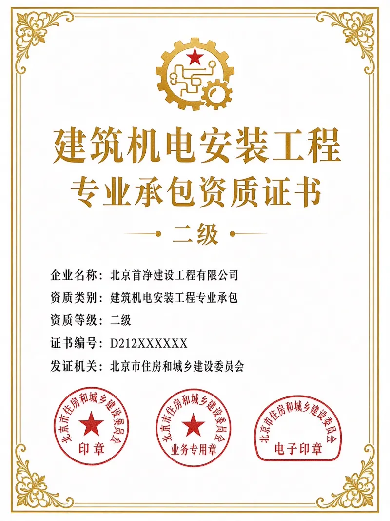 北京首净建设工程有限公司建筑机电安装工程专业承包二级资质证书
