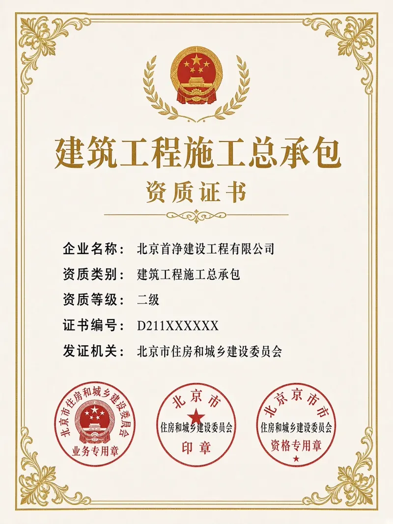 北京首净建设工程有限公司建筑工程施工总承包资质证书