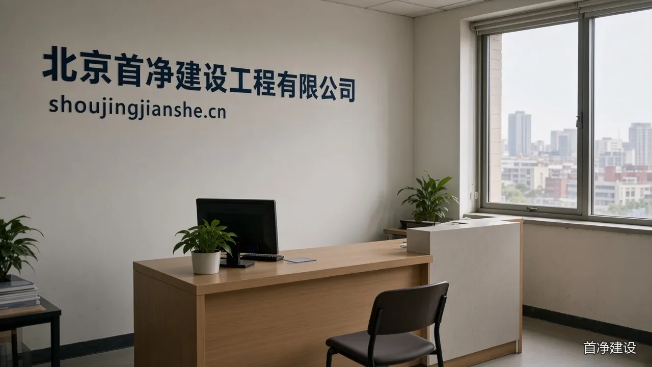 北京首净建设工程有限公司办公室前台,注册地址北京市石景山区城通街26号院8号楼24层2403。墙面是公司名称。