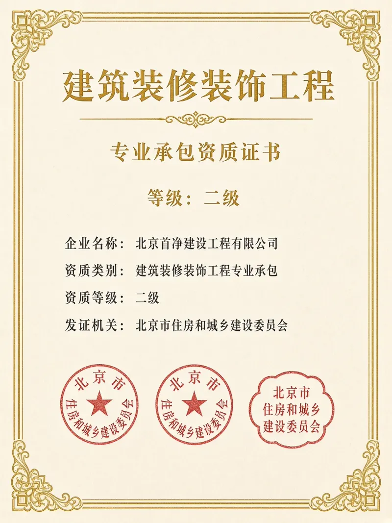北京首净建设工程有限公司建筑装修装饰工程专业承包资质证书